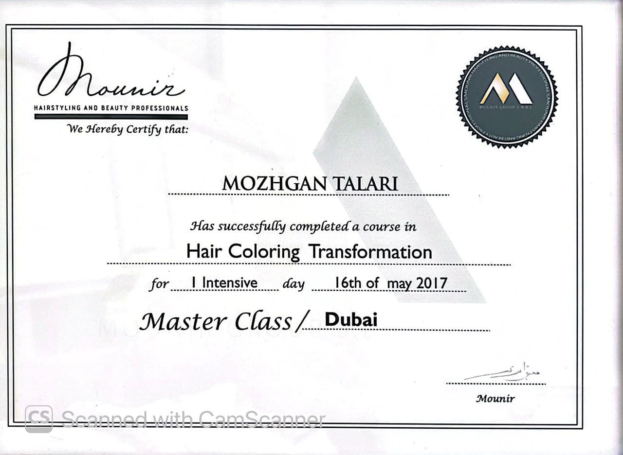 مدرک بین‌المللی Hair Coloring Transformation — Mounir — دبی